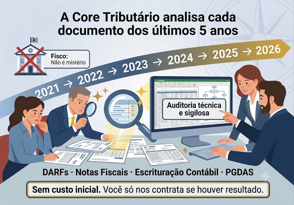 Core Tributário analisando documentos fiscais dos últimos 5 anos